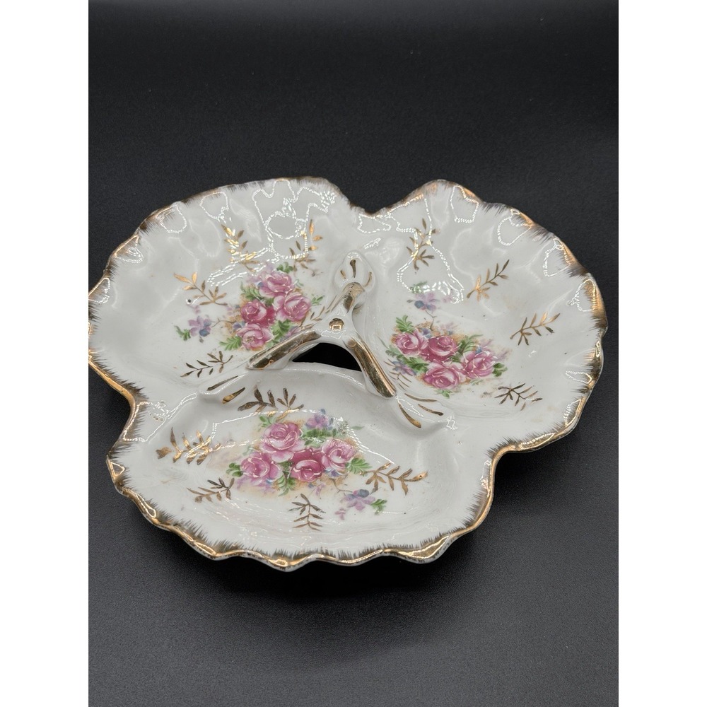 Gold Trim Relish/Nuts Trinket Tray with Painted Roses